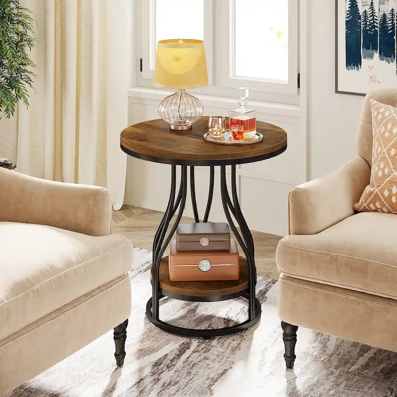 White and Gold Round Side Table - 2 Tier