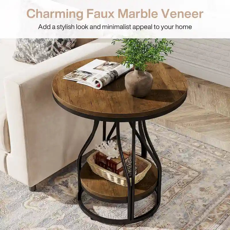 White and Gold Round Side Table - 2 Tier