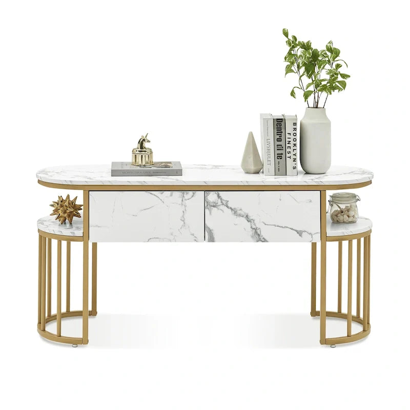 White Faux Marble Console Table with Gold Metal Frame