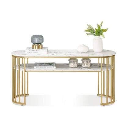 White Faux Marble Console Table with Gold Metal Frame