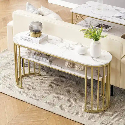 Ivinta White Sofa Table, Modern Faux Marble Top, Console Table with Gold Metal Frame