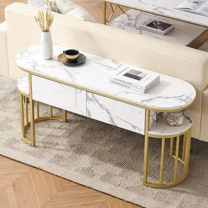 White Faux Marble Console Table with Gold Metal Frame
