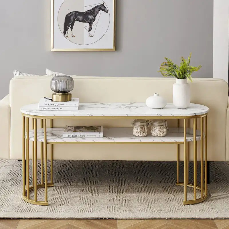 White Faux Marble Console Table with Gold Metal Frame