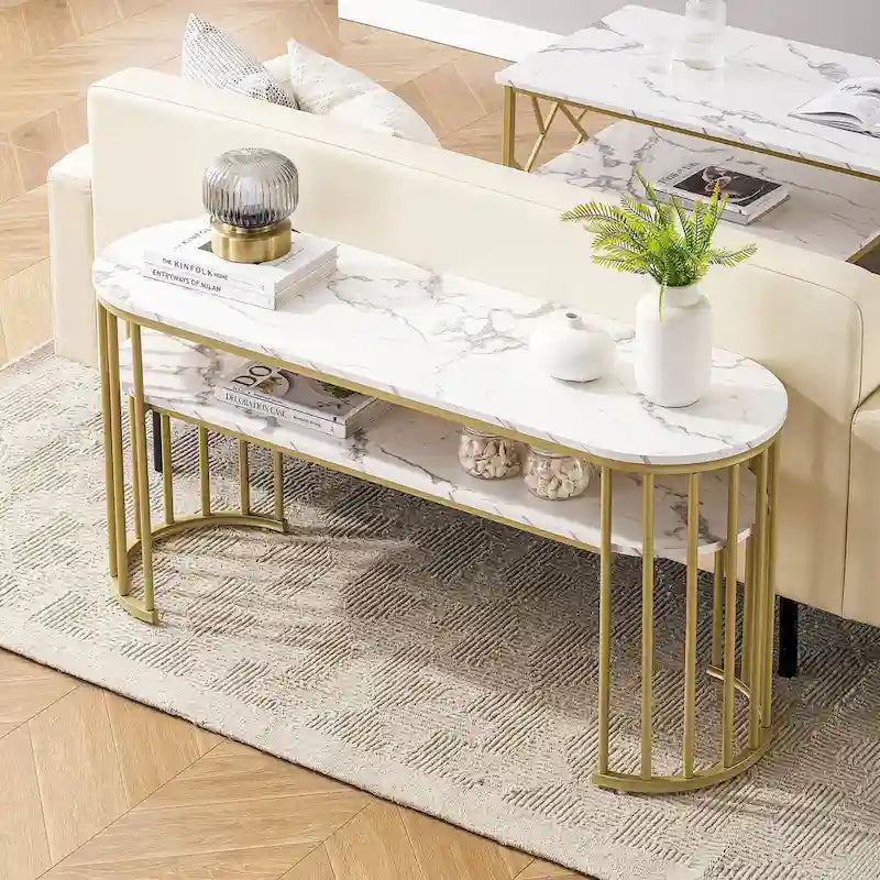 White Faux Marble Console Table with Gold Metal Frame