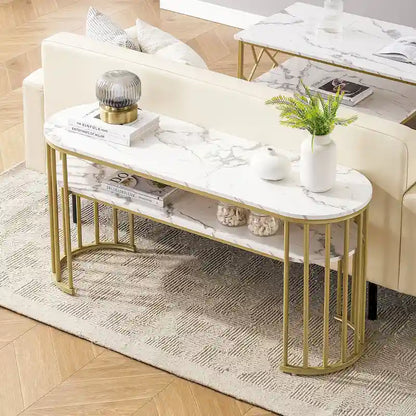 White Faux Marble Console Table with Gold Metal Frame