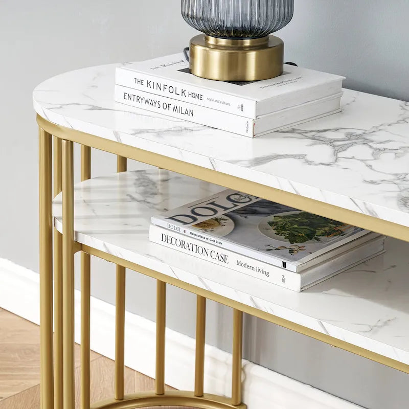 White Faux Marble Console Table with Gold Metal Frame