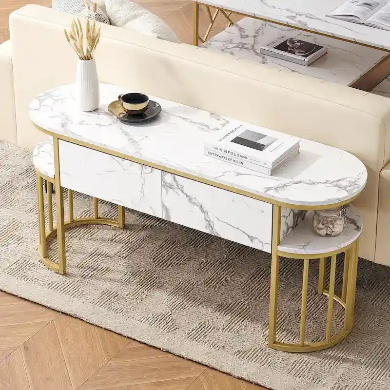 White Faux Marble Console Table with Gold Metal Frame