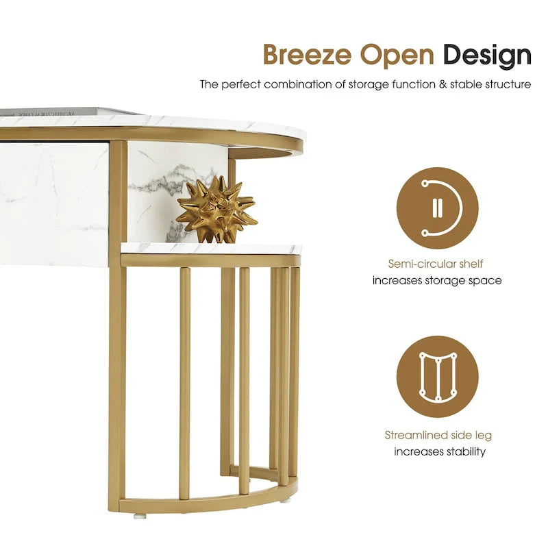 White Faux Marble Console Table with Gold Metal Frame