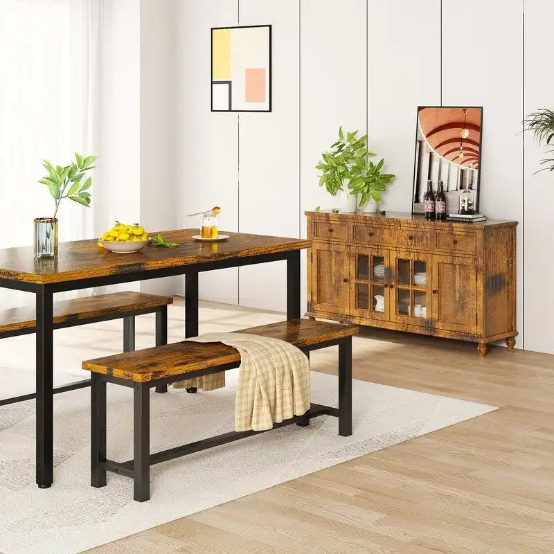 Rustic Brown Industrial Dining Benches - Set of 2