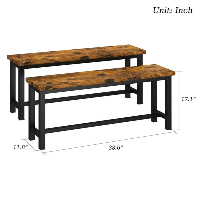 Rustic Brown Industrial Dining Benches - Set of 2